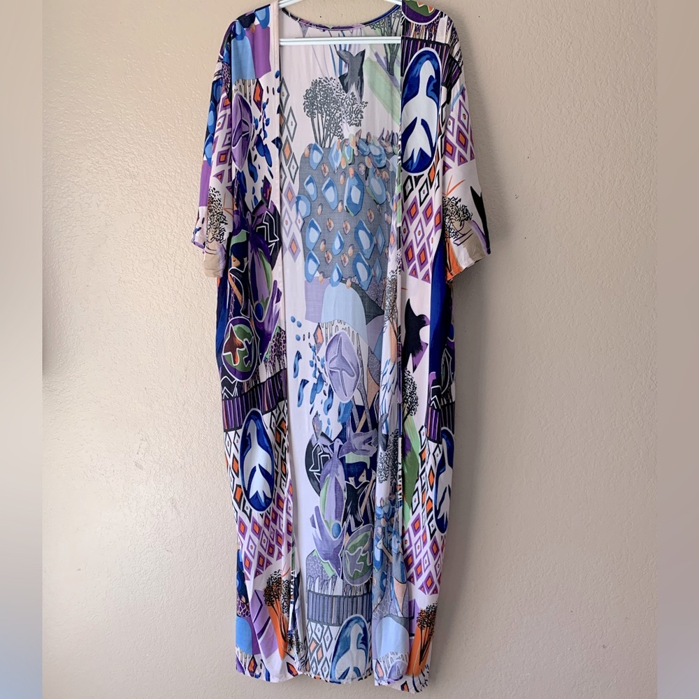 RANRUI Purple Bird Geometric Print Artsy Beachy Open Front Long Kimono O/S